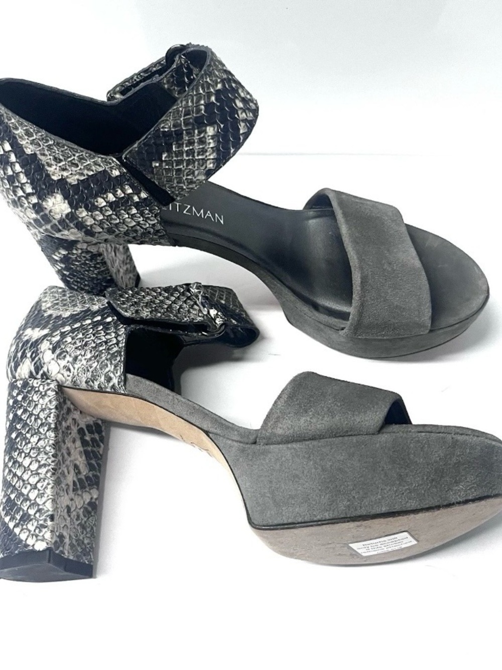 Stuart Weitzman Platform Heel Sandals Size 6.5 Gray Suede Snake Leather